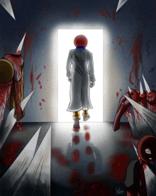 a drawing of a man standing in a doorway surrounded by blood