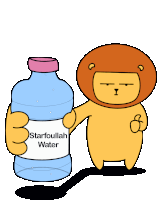 a cartoon lion holding a bottle of starfoullah water