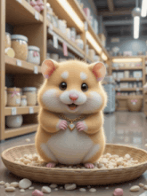 a hamster wearing a gold necklace is sitting on a tray of peanuts