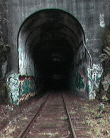 a tunnel with graffiti on the walls and train tracks going through it