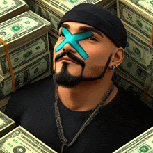 a man with a cross painted on his face stands in front of stacks of money