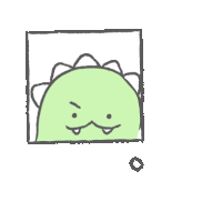 a drawing of a green dinosaur in a square with a circle in the corner