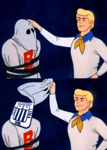 a cartoon of scooby doo touching a ghost 's head with a club lima 1901 logo