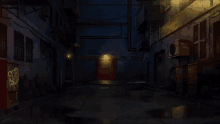 a dark alleyway with graffiti on the wall that says ' for ' on it