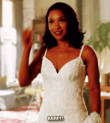 a woman in a wedding dress says barry !