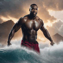 a shirtless man in red swim trunks is standing in the ocean