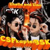a man and a woman are standing next to each other with the words " zhelia end zidan " on the top