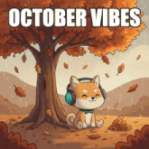 an october vibes poster with a shiba inu wearing headphones under a tree
