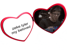 a red heart shaped mirror with the words " zeke tyler my beloved " on it