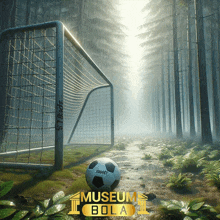 a soccer ball sits in front of a goal with the words museum bola on the bottom