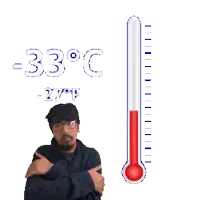 a man is standing next to a thermometer that reads -33 degrees c
