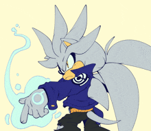 a drawing of silver the hedgehog wearing a blue jacket and black pants