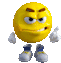 a yellow smiley face with arms and legs is standing on a white background .