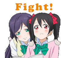 two anime girls are hugging each other with the words fight written above them