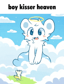 a cartoon of a white bear with a halo sitting on a cloud with the words boy kisser heaven above it