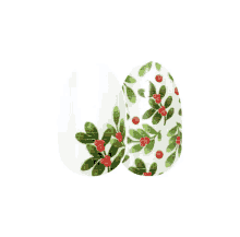 a pair of nails with green leaves and red berries on a white background