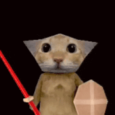 a cat is holding a red sword and shield in its paws .