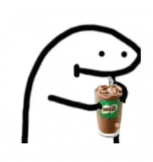 a stick figure is holding a cup of milo .