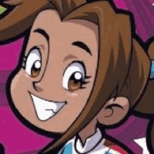 a close up of a cartoon character with brown hair and a ponytail smiling .