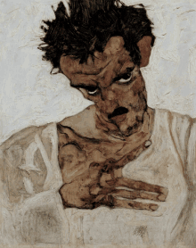 a painting of a man with his hand on his chest by a famous artist named egon schiele