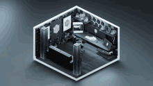 an isometric drawing of a room with a computer and a couch