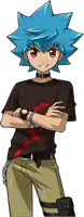 a boy with blue hair and red eyes is wearing a black shirt and khaki pants