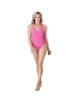 a woman in a pink one piece swimsuit is standing on a white background