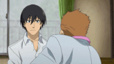 two anime characters are looking at each other and one is wearing a white shirt
