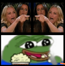 two women pointing at a green frog with popcorn in its mouth