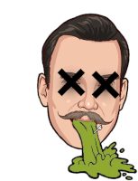 a cartoon of a man with a mustache and crossed eyes throwing up green liquid