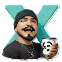 a man with a beard is holding a cup of coffee with the letter x behind him