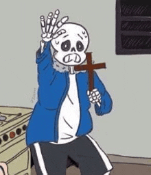 a cartoon of a skeleton holding a cross in a kitchen .