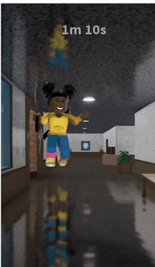 a girl is jumping in the air in a hallway with 1m 10s written on the bottom right