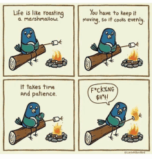 a cartoon shows a bird roasting a marshmallow over a fire