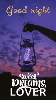 a person holding a lantern with the words good night sweet dreams lover below it