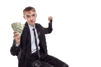 a man in a suit and tie is holding a fan of money