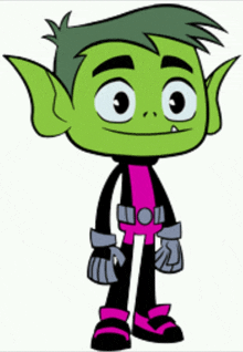 a cartoon character with green ears and a pink stripe on his pants