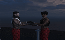 a couple of men holding hands in front of a cloudy sky