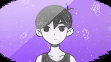 a black and white drawing of a boy with a purple background