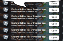 a screenshot of a roblox app that says explore roblox in our desktop app millions of experiences by people like you