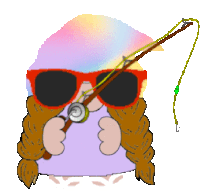 a cartoon drawing of a girl wearing sunglasses holding a fishing rod