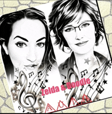 a black and white drawing of two women with the words zelda and doodle