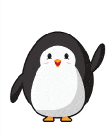 a black and white penguin with a yellow beak is waving its hand