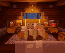 a couple of minecraft characters standing next to each other on a bed