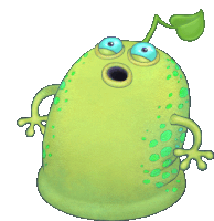 a green cartoon character with blue eyes and a green leaf