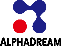 a logo for alphadream with a red circle and blue circles