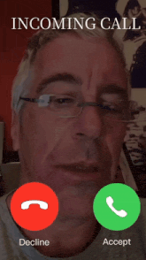 a man with glasses is answering an incoming call with a decline button