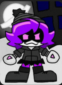 a cartoon character with purple hair and gloves is standing in front of a building .