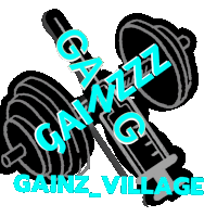 a logo for gainz village with a dumbbell