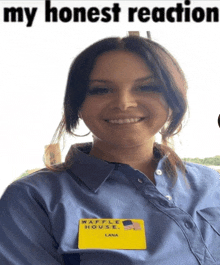 a woman wearing a waffle house name tag